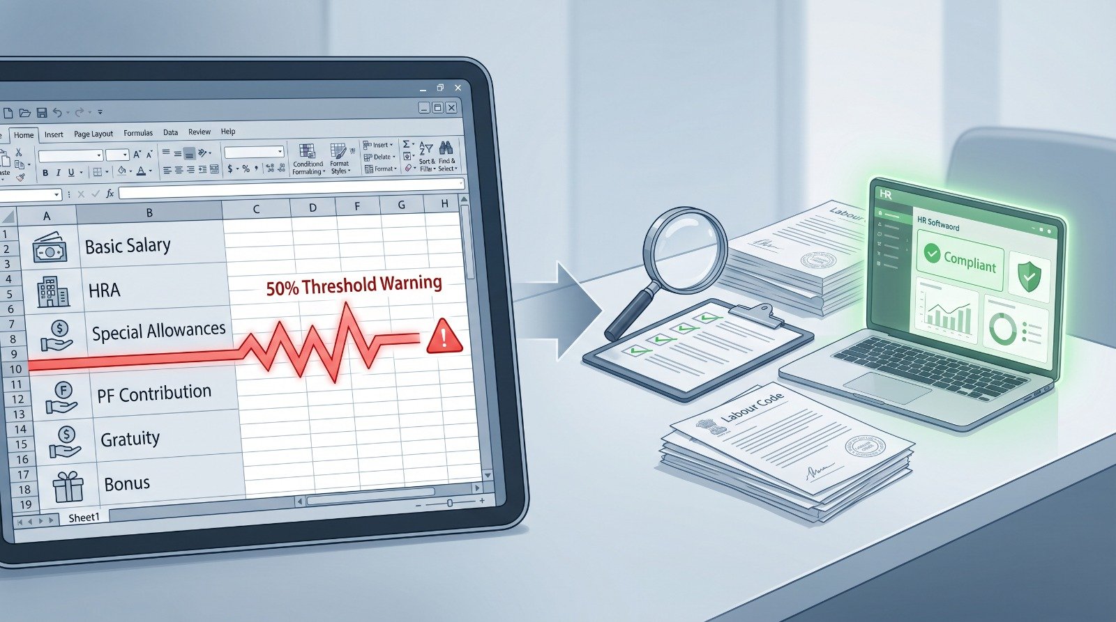 Manual Spreadsheet, HRMS, Audit, New Labour Codes, Regulation, Compliance, Payslip
