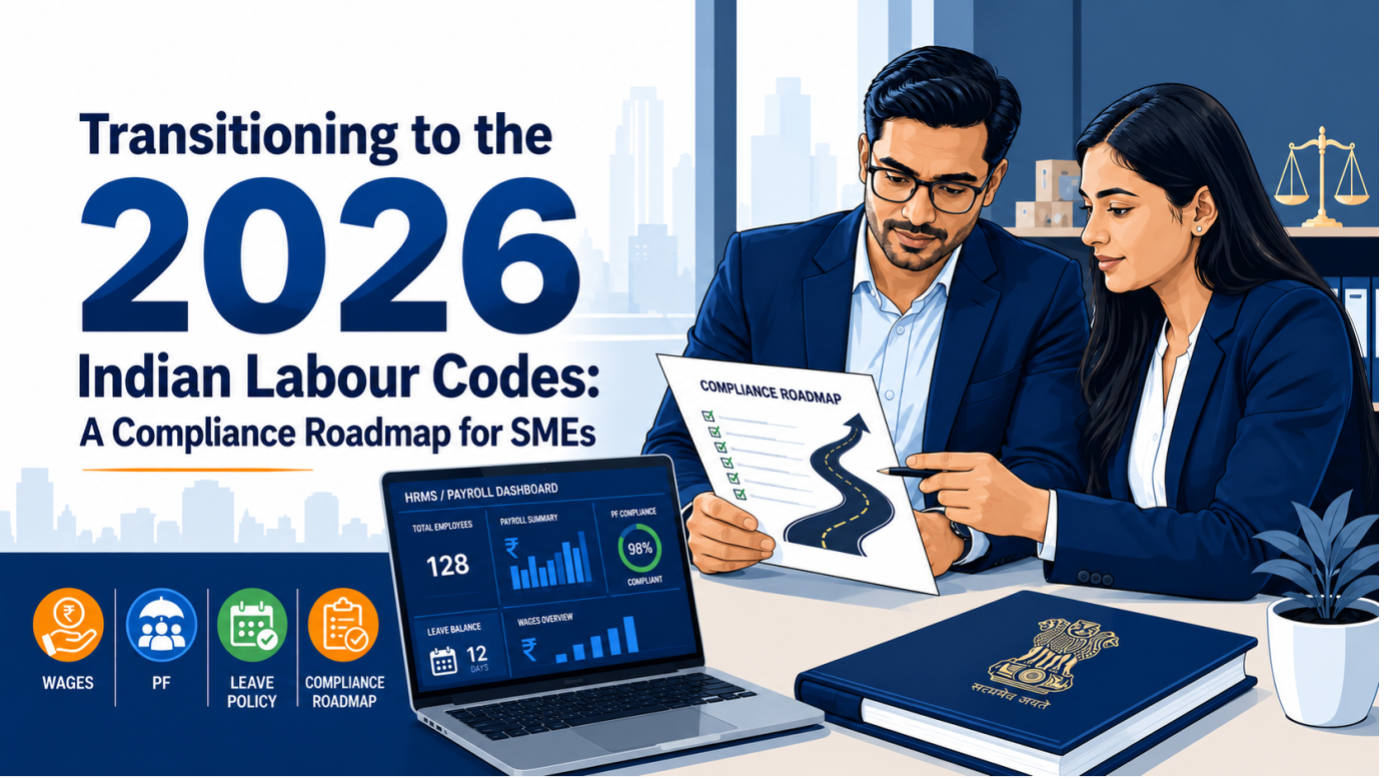 Indian SMEs reviewing a compliance roadmap for 2026 Labour Codes covering wages, PF, leave policy, and HRMS payroll dashboard